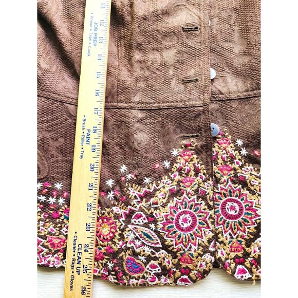 JACKET-COLDWATER CREEK-Brown-Suede Look-Embroidery-Long Sleeves-Button Up-Sz 12 - Picture 13 of 16